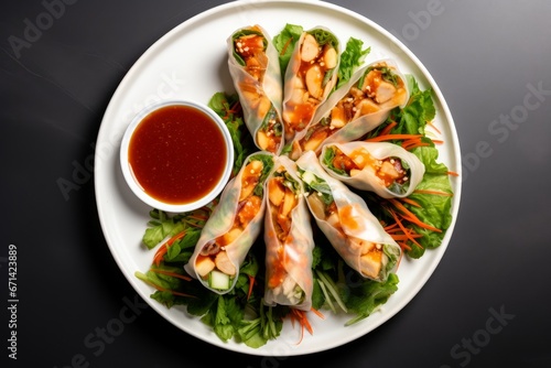Photo of a bowl of Vietnamese spring rolls with peanut sauce against a clean white backdrop. Generative AI