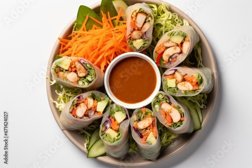 Photo of a bowl of Vietnamese spring rolls with peanut sauce against a clean white backdrop. Generative AI