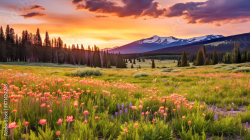 Peaceful evening landscape of calming sunset over a wildflower meadow in the Rocky Mountains  with a vibrant but soothing color scheme