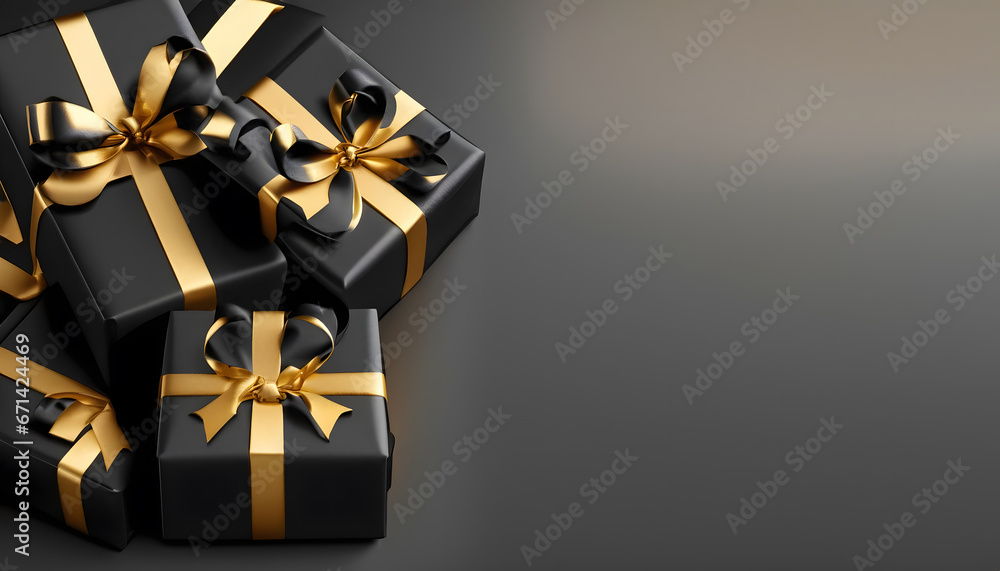 Elegant Black and Gold Gift Wrapping on Black Background for Black Friday Elegant Black and Gold Gift Wrapping on Black Background for Black Friday