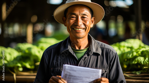 Southeast Asian farmer displaying sustainable practice certificate. photo