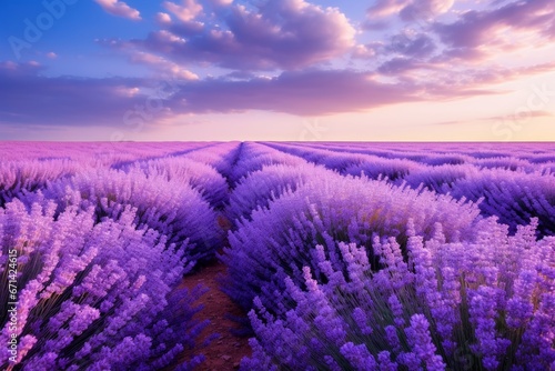 Photo of a fragrant lavender field against a solid white background. Generative AI