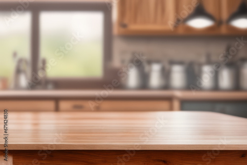 Empty Table for Product Display: Blurred Kitchen Background Ambiance