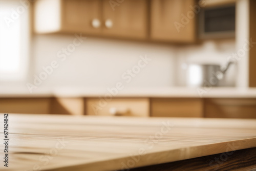 Empty Table for Product Display: Blurred Kitchen Background Ambiance © nomadphotography