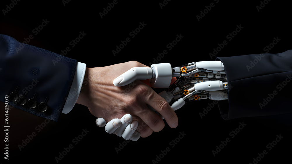 Human Hand Shaking Robotic Hand Against Dark Background. Human Hand Shaking Robotic Hand Against Dark Background.