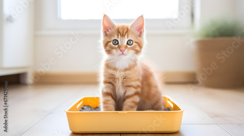 Adorable Ginger Kitten Sitting in a Litter Box in a Bright Room.