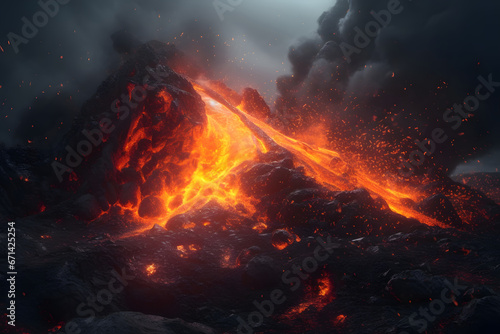 Close-up on a volcanic eruption. 