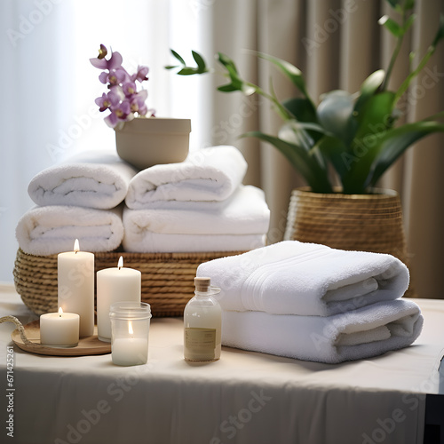 Towels with herbal bags and beauty treatment items