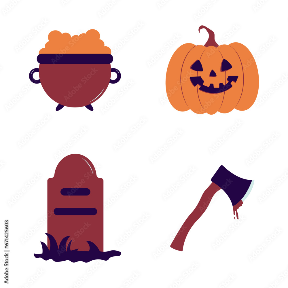 Hand Drawn Cute Halloween Illustration. Isolated On White Background. Vector Illustration Set.