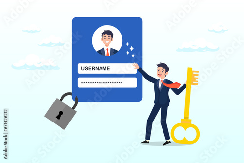 Businessman hold key with user account lock with strong lock pad, strong password for cyber security, high protection and safety for login account, secure data privacy, online authentication (Vector)