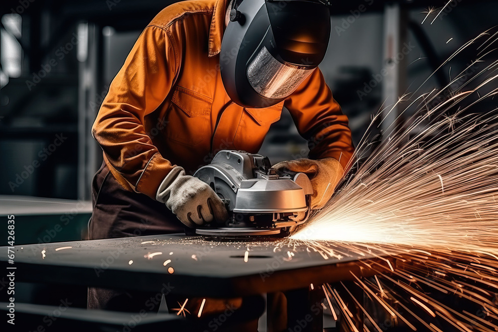 Industrial workers in a factory welding steel structure with sparks. Metalwork manufacturing and construction concept Industrial workers in a factory welding steel structure with sparks. Metalwork manufacturing and construction concept