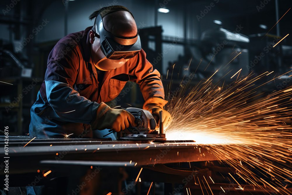 Industrial workers in a factory welding steel structure with sparks. Metalwork manufacturing and construction concept Industrial workers in a factory welding steel structure with sparks. Metalwork manufacturing and construction concept