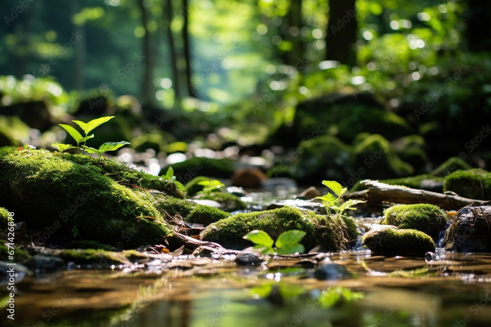 Fototapeta premium Green moss close up, forest landscape blurred background. Generative AI