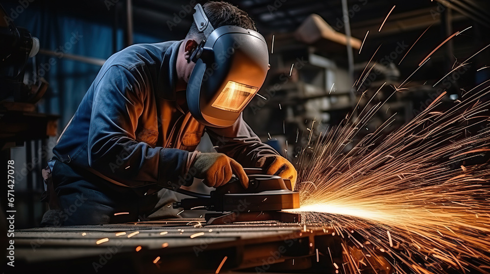 Industrial workers in a factory welding steel structure with sparks. Metalwork manufacturing and construction concept Industrial workers in a factory welding steel structure with sparks. Metalwork manufacturing and construction concept