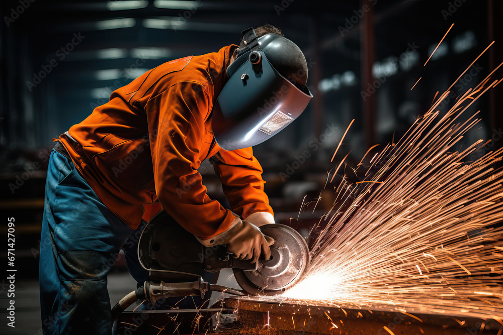 Industrial workers in a factory welding steel structure with sparks. Metalwork manufacturing and construction concept Industrial workers in a factory welding steel structure with sparks. Metalwork manufacturing and construction concept