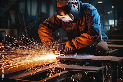 Industrial workers in a factory welding steel structure with sparks. Metalwork manufacturing and construction concept