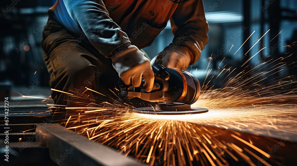 Industrial workers in a factory welding steel structure with sparks. Metalwork manufacturing and construction concept Industrial workers in a factory welding steel structure with sparks. Metalwork manufacturing and construction concept