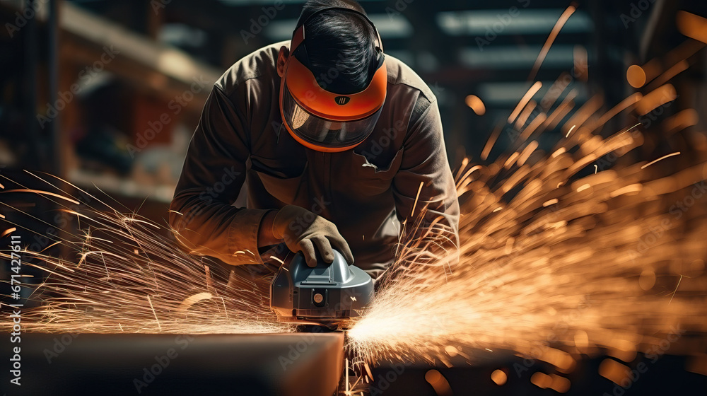 Industrial workers in a factory welding steel structure with sparks. Metalwork manufacturing and construction concept Industrial workers in a factory welding steel structure with sparks. Metalwork manufacturing and construction concept