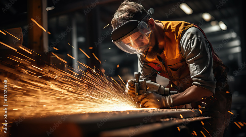 Industrial workers in a factory welding steel structure with sparks. Metalwork manufacturing and construction concept Industrial workers in a factory welding steel structure with sparks. Metalwork manufacturing and construction concept