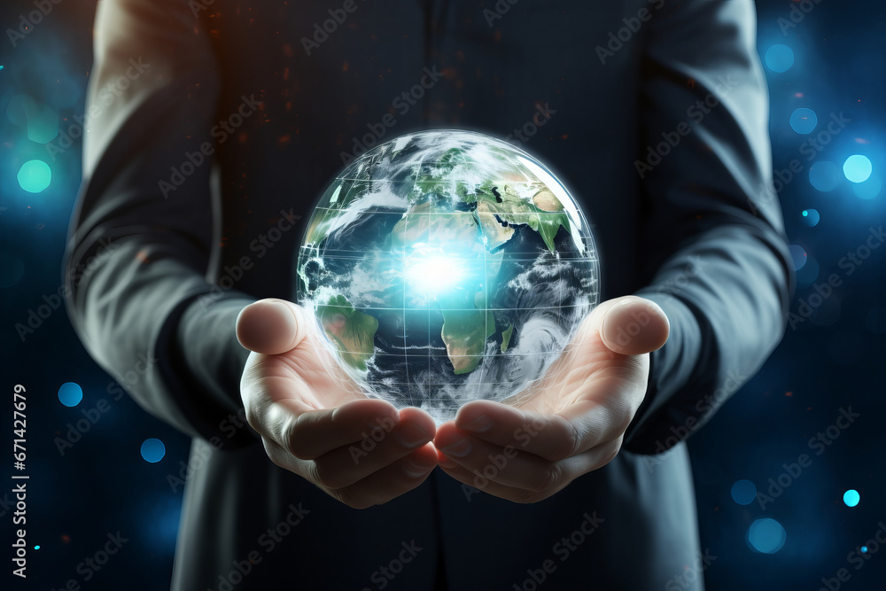 Man is holding transparent futuristic globe in hands, close up view Man is holding transparent futuristic globe in hands, close up view