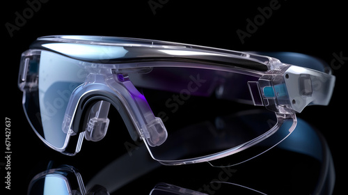 Modern AR glasses, close up view. Transparent material technology