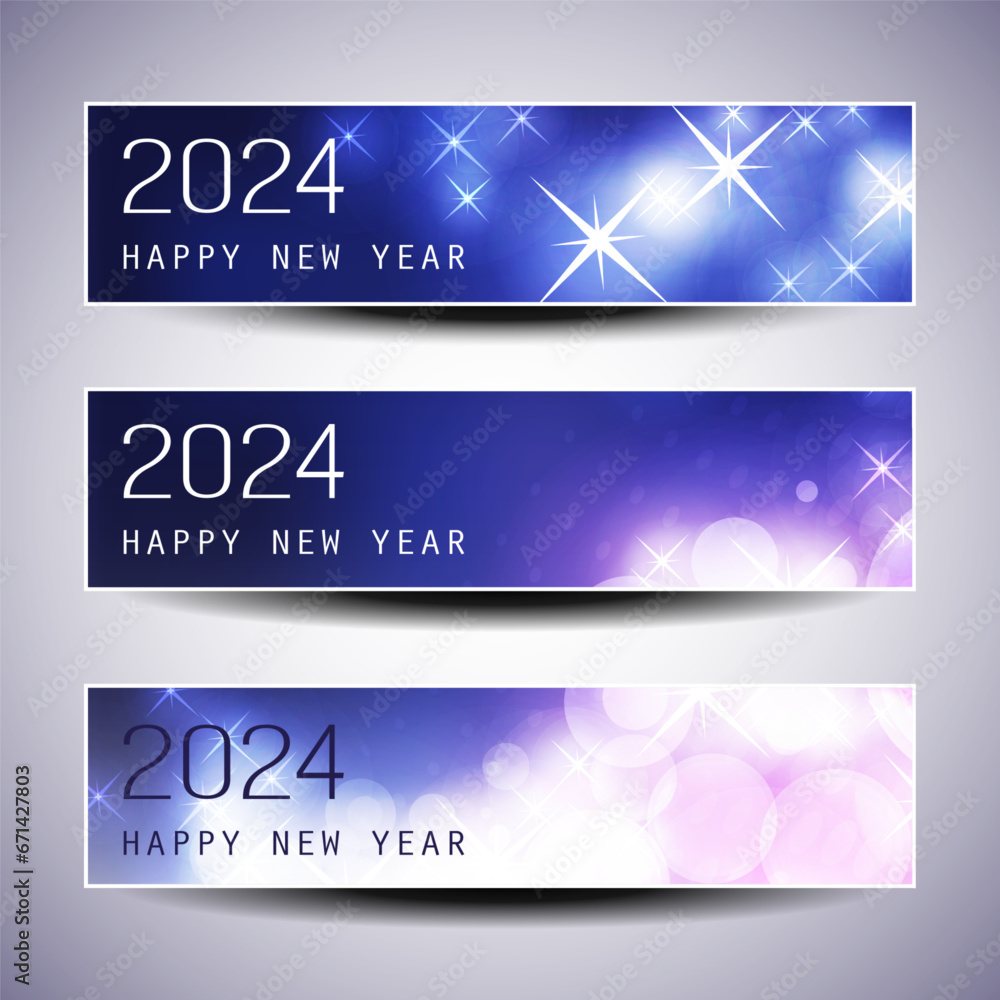 Set of Sparkling Shimmering Ice Cold Blue and Purple Horizontal Christmas, Happy New Year Headers or Banners for Web, Vector Design Template with Copyspace - 2024