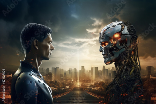 Robot and cyborg man, world is burning, futuristic concept