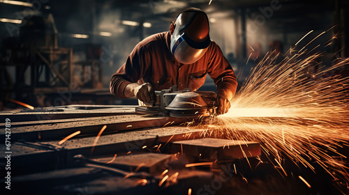 Industrial workers in a factory welding steel structure with sparks. Metalwork manufacturing and construction concept © ttonaorh