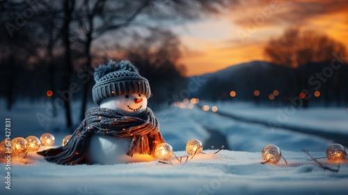 Bonhomme de neige avec bonnet et écharpe, fond pour noël   © jp