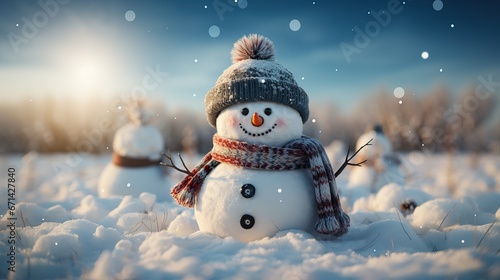 Bonhomme de neige avec bonnet et écharpe, fond pour noël   photo