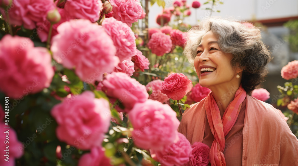 Fototapeta premium Asian mature woman with roses, smiling