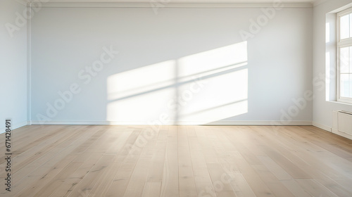 modern empty room with wooden floor and large wall.