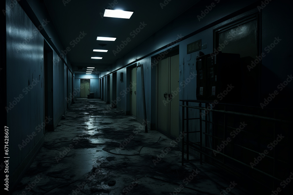 Dark corridor interior, artificial lighting, horror style