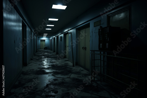 Dark corridor interior, artificial lighting, horror style