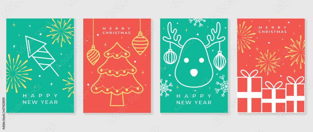 Luxury christmas invitation card art deco design vector. Christmas tree, snowflake, firework, reindeer line art on green and red background. Design illustration for cover, print, poster, wallpaper. Luxury christmas invitation card art deco design vector. Christmas tree, snowflake, firework, reindeer line art on green and red background. Design illustration for cover, print, poster, wallpaper.