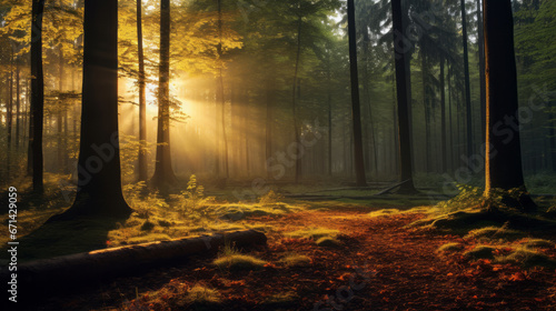 Autumn forest shining in the late afternoon sunlight