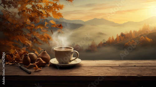 Cup of coffee on a wooden table against morning autumn landscape