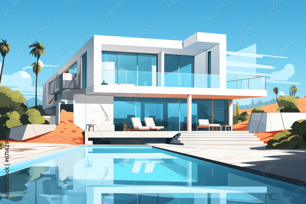 Modern country house villa in a minimalist cubic style with swimming pool, illustration of a vacation on the sea coast Modern country house villa in a minimalist cubic style with swimming pool, illustration of a vacation on the sea coast