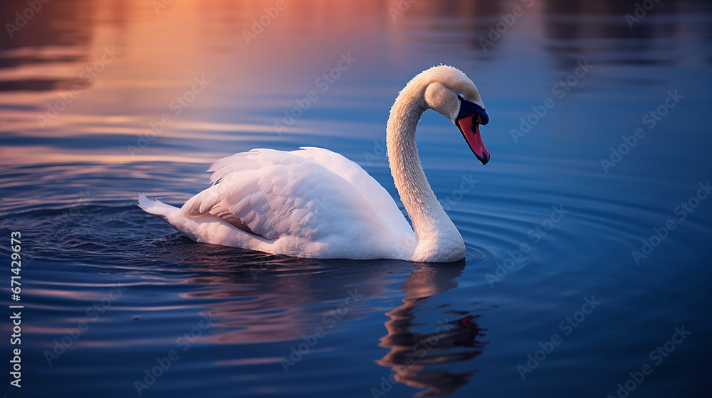 Naklejka premium White swan in the lake with blue dark background on the sunset. Made with generative ai
