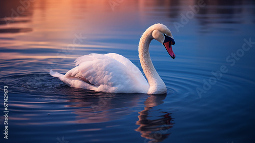 Fototapeta Naklejka Na Ścianę i Meble -  White swan in the lake with blue dark background on the sunset. Made with generative ai