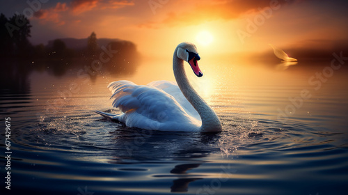 White swan in the lake with blue dark background on the sunset. Made with generative ai photo
