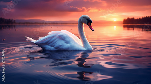 White swan in the lake with blue dark background on the sunset. Made with generative ai