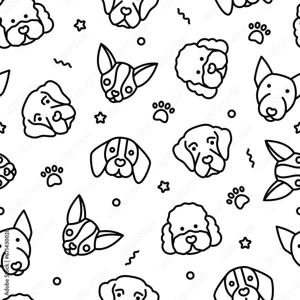 Seamless pattern with dogs. Poodle; golden retriever, bull terrier; chihuahua, beagle thin line icon. Vector illustration. Seamless pattern with dogs. Poodle; golden retriever, bull terrier; chihuahua, beagle thin line icon. Vector illustration.