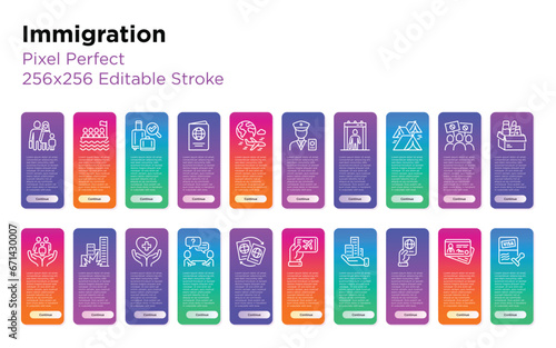Immigration thin line icons set: immigrants, illegals, baggage examination, passport, resident card, public housing, customs, inspection, refugee camp. Editable stroke. Vector illustration.