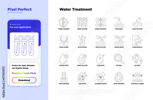 Water treatment thin line icons set: sewage treatment, water filtration, wastewater, ocean pollution, cleanup, clean water act, chlorinated, ultraviolet cleaning. Editable stroke. Vector illustration.