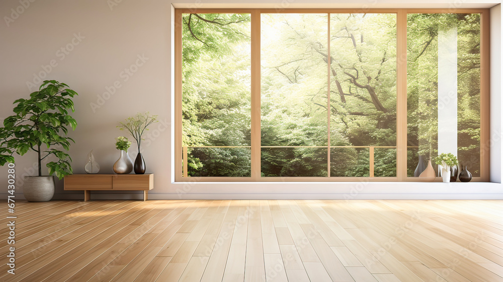 Fototapeta premium Modern contemporary style empty room with white wall and large window look out to see nature view.