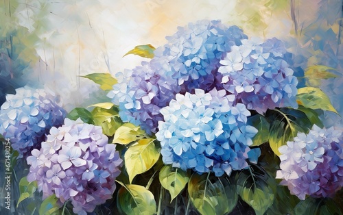 Delicate botanical floral background with hydrangea flowers, impressionist oil painting. Light blue and light purple blossom hydrangea in the garden or park.