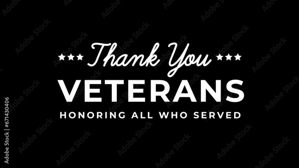 Thank you Veterans Text Animation in white color on transparent background alpha channel. Honoring all who served. Happy Veterans day. Thank you Veterans Text Animation in white color on transparent background alpha channel. Honoring all who served. Happy Veterans day.