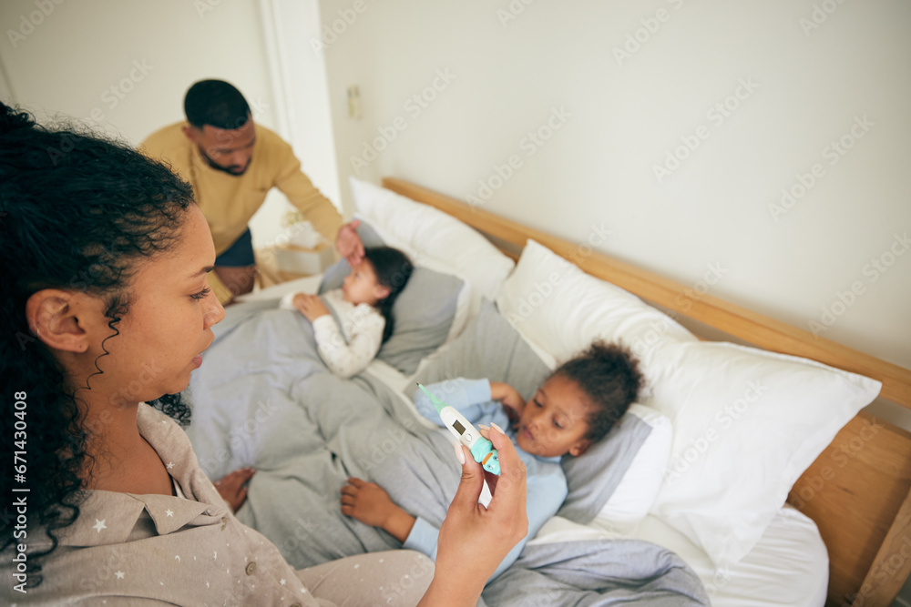Obraz premium Bed, thermometer check and children sick from cold virus, fever or disease with worried mother helping, aid or family support. Home bedroom, parents stress or mom reading temperature test of ill kids