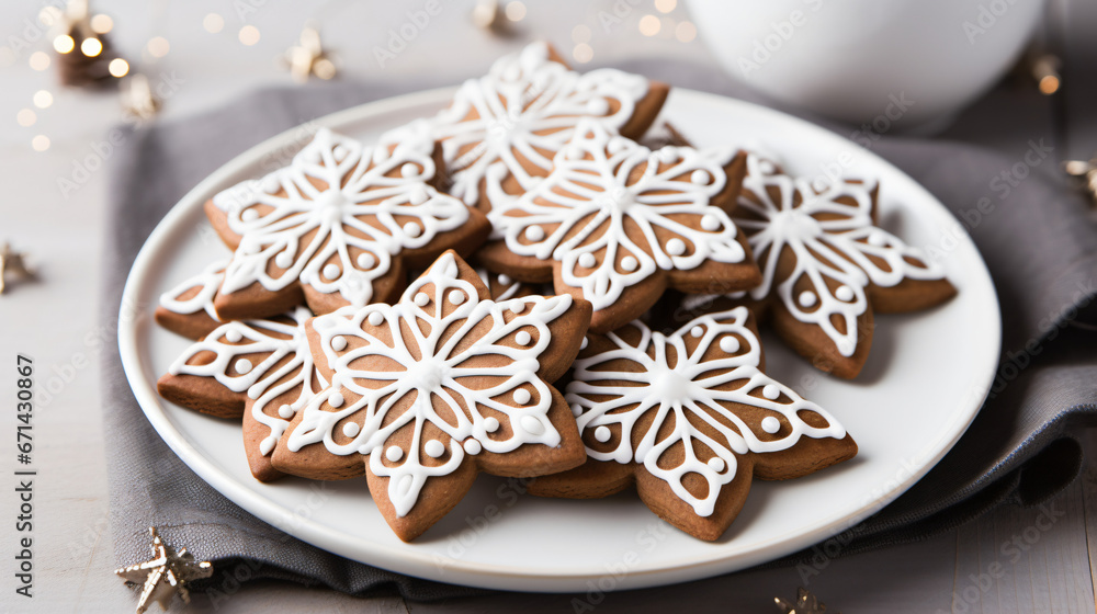 Gingerbread cookies with icing on white plate